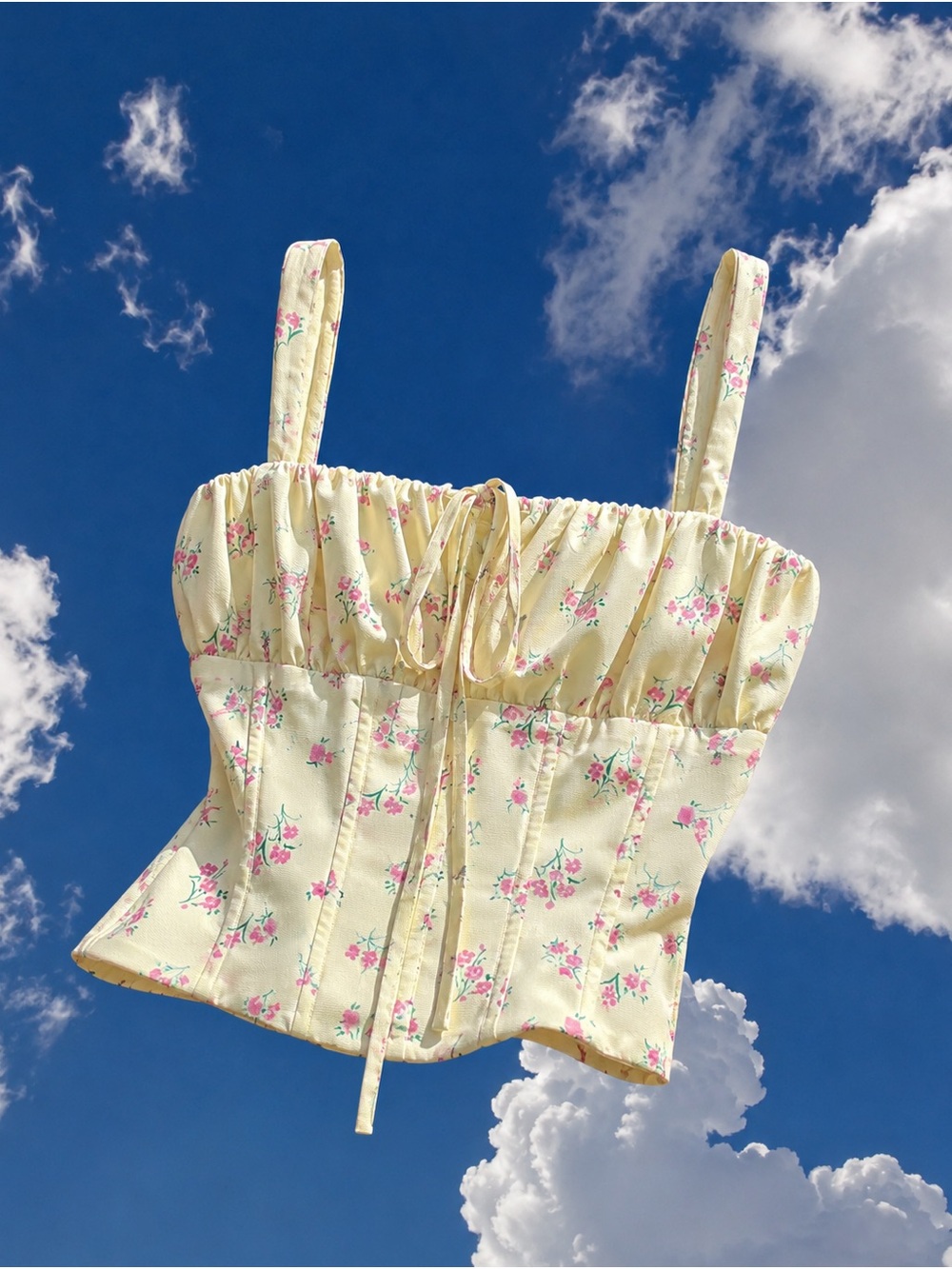 Yellow Floral Tie-Front Corset Top
